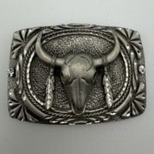 Vintage Silver-Tone Western Belt Buckle Longhorn Steer Skull Feather CowboyRodeo